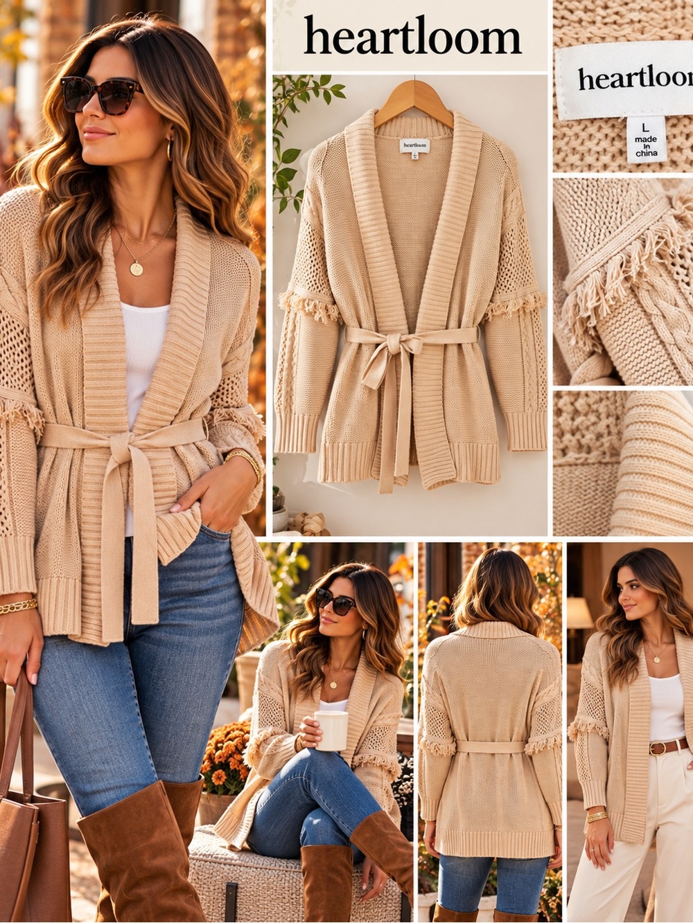 Heartloom Beige Fringe-Belted Open Knit Cardigan
